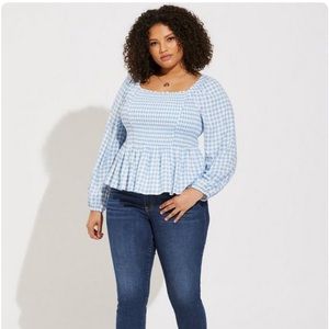 Torrid Blue Gingham Rayon Slub Smocked Bodice Long Sleeve Crop Blouse NWT